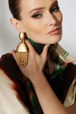 Natori Earrings-Acacia Wood Gold Drop Beaded Earrings