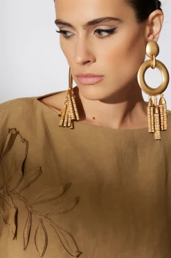Natori Earrings-Acacia Wood Gold Fringe Beaded Earrings