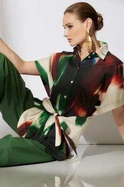 Natori Tops, Shirts & Tunics-Amalfi Printed Cotton Poplin Kimono Wrap Shirt