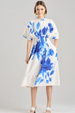 Natori Dresses-Andora Printed Cotton Poplin Pleated Dress