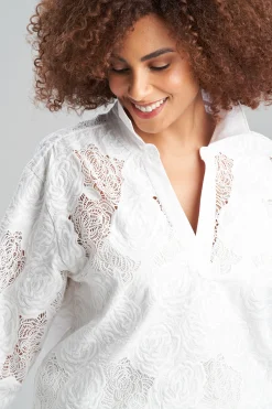 Natori Bridal Shower Outfits|Plus Sizes-Calado Embroidery Cotton Oversized Top