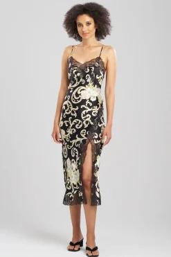 Natori Gowns-Camille Floral Scroll Lace Slit Silk Gown