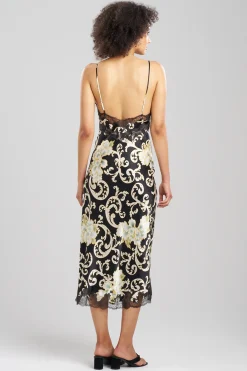 Natori Gowns-Camille Floral Scroll Lace Slit Silk Gown