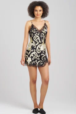 Natori Chemises-Camille Floral Scroll Lace Trim Silk Chemise