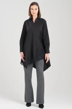 Natori Tops, Shirts & Tunics-Cotton Poplin Asymmetrical Embroidered Flounce Shirt