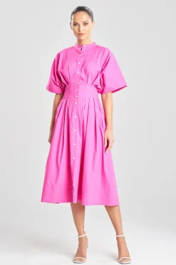 Natori Dresses|Wedding Guest Dresses-Cotton Poplin Cinched Mandarin Dress