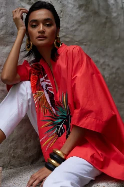 Natori Tops, Shirts & Tunics-Cotton Poplin Embroidered Mandarin Top