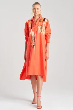 Natori Dresses-Cotton Poplin Oversized Half Placket Embroidered Shirtdress