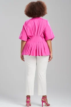 Natori Bridal Shower Outfits|Plus Sizes-Cotton Poplin Pleated Mandarin Top