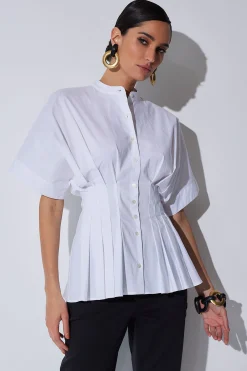 Natori Bridal Shower Outfits|Plus Sizes-Cotton Poplin Pleated Mandarin Top