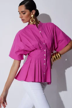 Natori Bridal Shower Outfits|Plus Sizes-Cotton Poplin Pleated Mandarin Top