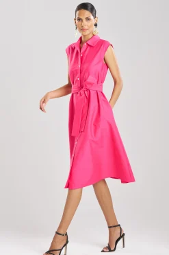 Natori Dresses-Cotton Silk Slub Trapeze Shirtdress