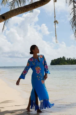 Natori Couture Caftans-Couture Hanabi Embroidered Fringe Silk Caftan