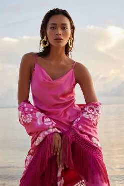 Natori Couture Tops-Couture Hanabi Embroidered Fringe Silk Shawl
