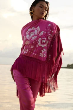 Natori Couture Tops-Couture Hanabi Embroidered Fringe Silk Shawl