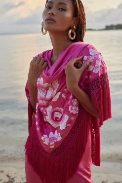 Natori Couture Tops-Couture Hanabi Embroidered Fringe Silk Shawl