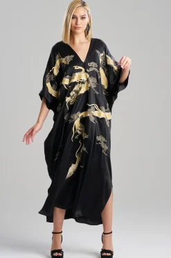 Natori Couture Caftans-Couture Lucky Dragon Embroidered Cocoon Silk Caftan
