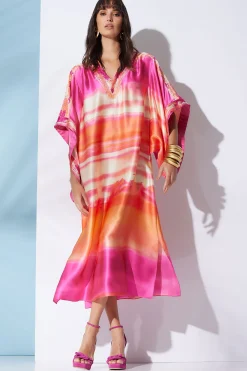Natori Caftan Dresses|Couture Caftans-Couture Minako Embroidered Drop Sleeve Silk Caftan