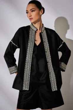 Natori Jackets & Outerwear|Couture Coats-Couture Silk Dupioni Embroidered Mandarin Jacket