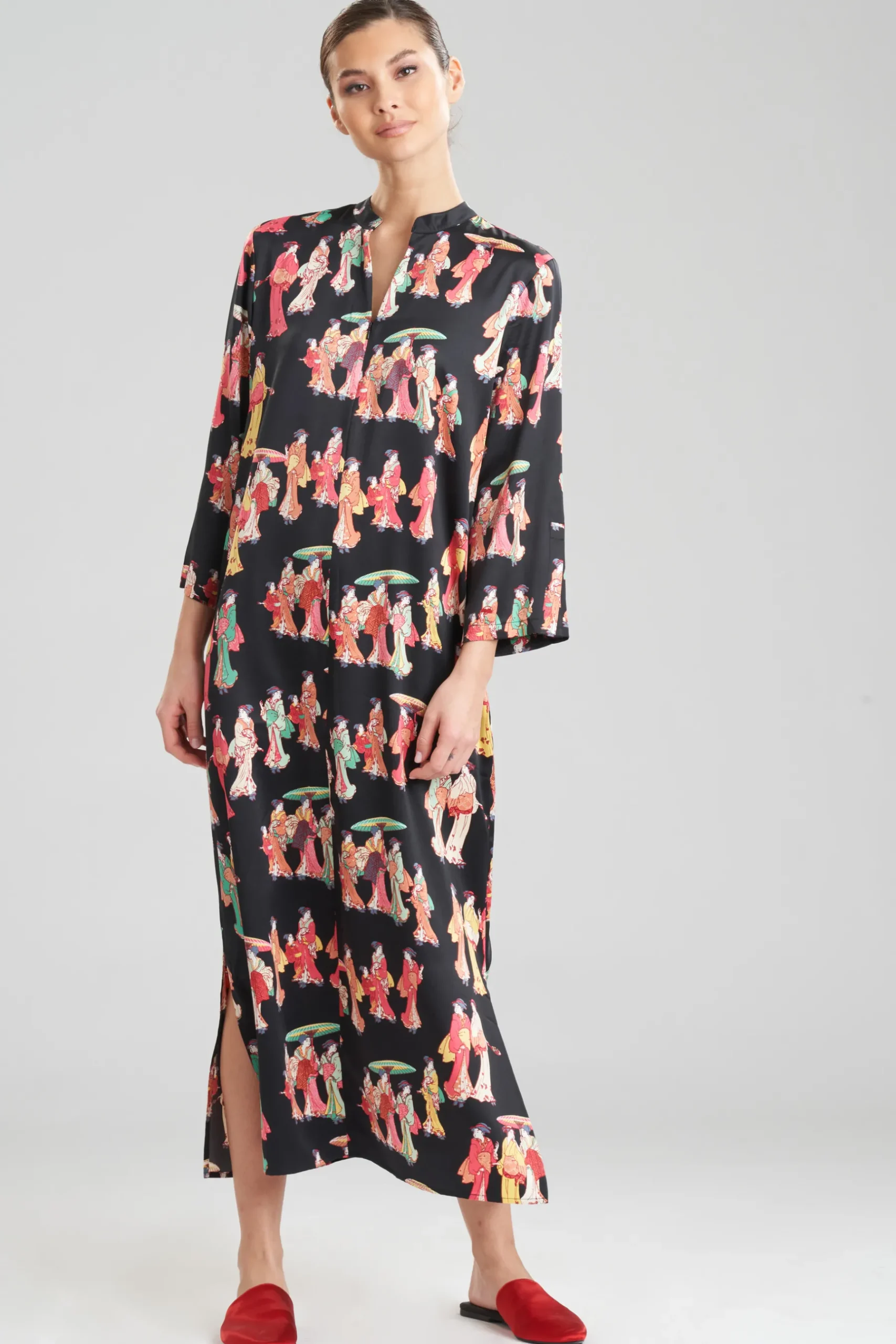 Natori Caftans-Geisha-Printed Satin Caftan