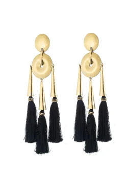 Natori Earrings-Gold Plated Brass Black Fringe Clip Earrings