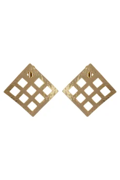 Natori Earrings-Gold Plated Brass Grid Pendant Clip Earrings