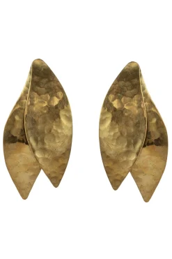 Natori Earrings-Hammered Brass Leaf Pendant Clip Earrings