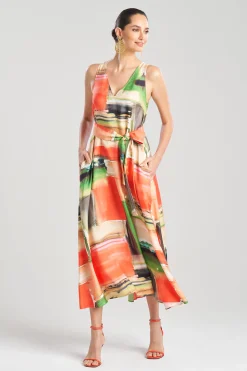 Natori Dresses-Hikaru Cotton Silk Trapeze V-Neck Belted Dress