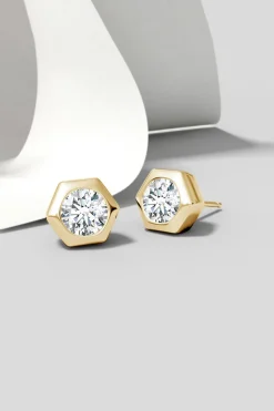 Natori Earrings|Indochine-Indochine 14k Hexagon 4mm Diamond Solitaire Stud Earrings