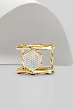 Natori Rings|Indochine-Indochine 14k Pave Diamond Hexagon Center Double Bamboo Band Cocktail Ring