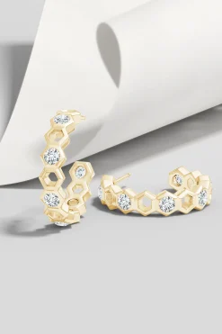 Natori Earrings|Indochine-Indochine 14k Small Alternate Stacked Hexagon Diamond Hoop Earrings
