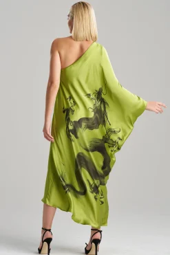 Natori Caftan Dresses-Ink Dragon One Shoulder Silk Caftan