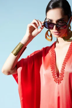 Natori Caftan Dresses-Key Essentials Embellished Cocoon Silk Caftan