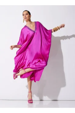 Natori Caftan Dresses-Key Essentials Embellished Cocoon Silk Caftan