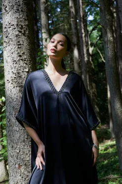 Natori Caftan Dresses-Key Essentials Embellished Cocoon Silk Caftan