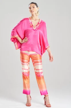 Natori Pajama Tops|Lounge Tops-Key Essentials Embroidered Kimono Sleeve Silk Top