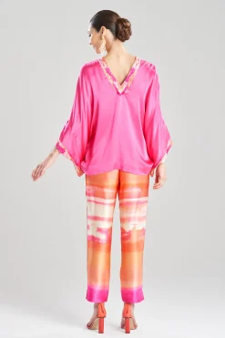 Natori Pajama Tops|Lounge Tops-Key Essentials Embroidered Kimono Sleeve Silk Top