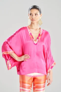 Natori Pajama Tops|Lounge Tops-Key Essentials Embroidered Kimono Sleeve Silk Top