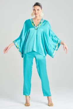 Natori Pajama Tops|Lounge Tops-Key Essentials Embroidered Kimono Sleeve Silk Top