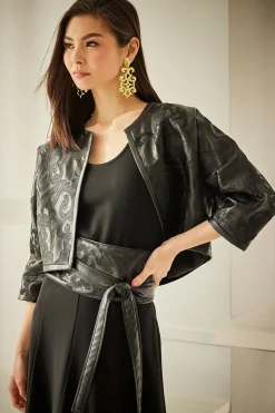 Natori Jackets & Outerwear-Leticia Embroidered Faux Leather Cropped Jacket