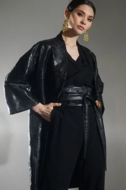 Natori Jackets & Outerwear-Leticia Embroidered Faux Leather Kimono Coat