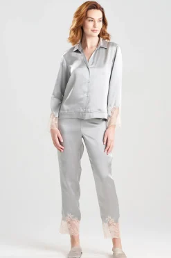 Natori Pajama Sets-Lolita Lace Trim Silk Notch PJ