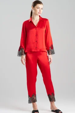 Natori Pajama Sets-Lolita Lace Trim Silk Notch PJ