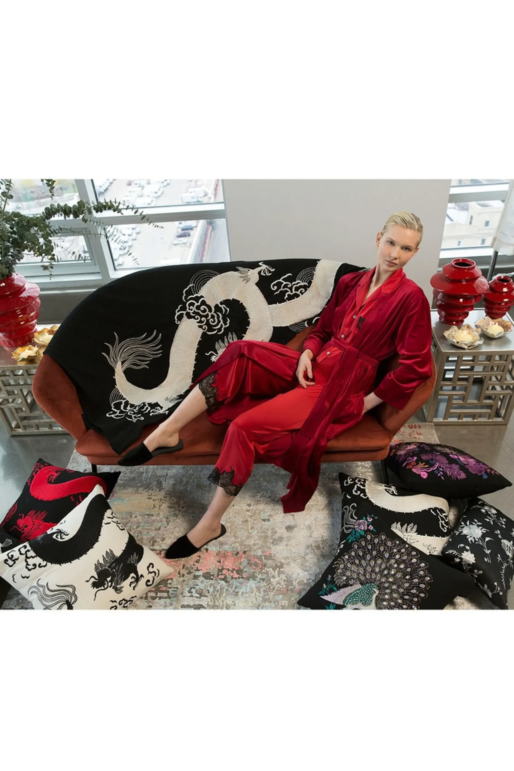 Natori Throw Pillows|Home Accents-Mayon Beaded Peacock Embroidery Pillow Case