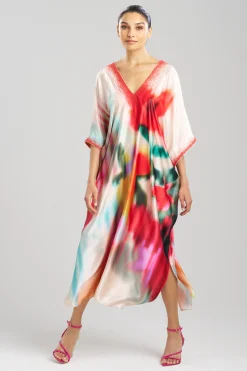 Natori Caftan Dresses-Melisande Beaded Cocoon Silk V-Neck Caftan