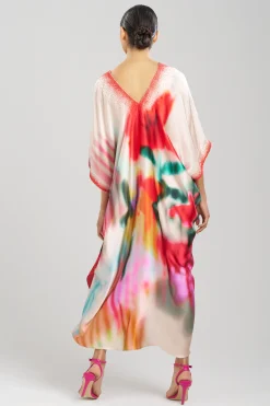 Natori Caftan Dresses-Melisande Beaded Cocoon Silk V-Neck Caftan