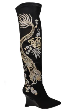 Natori Boots-Natsu Satin Embroidered Dragon Stretch Over The Knee Boot