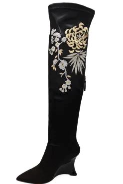 Natori Boots-Natsu Satin Embroidered Dragon Stretch Over The Knee Boot