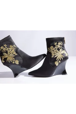 Natori Boots-Neko Satin Embroidery Wedge Ankle Boot