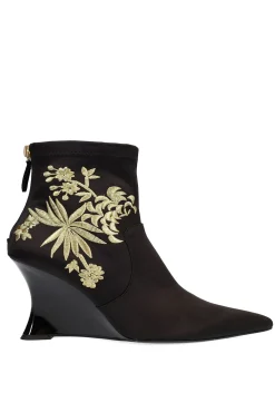 Natori Boots-Neko Satin Embroidery Wedge Ankle Boot